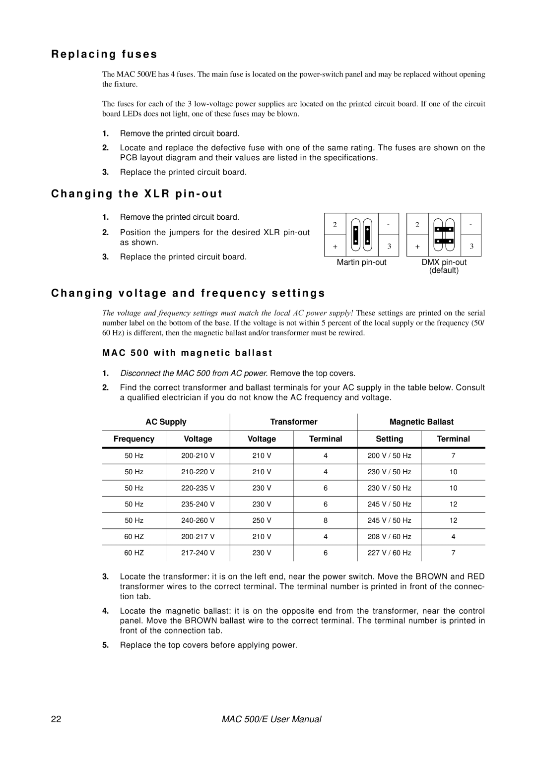 MartinLogan MAC 500/E user manual P l a c i n g f u s e s, A n g i n g t h e X L R p i n o u t 