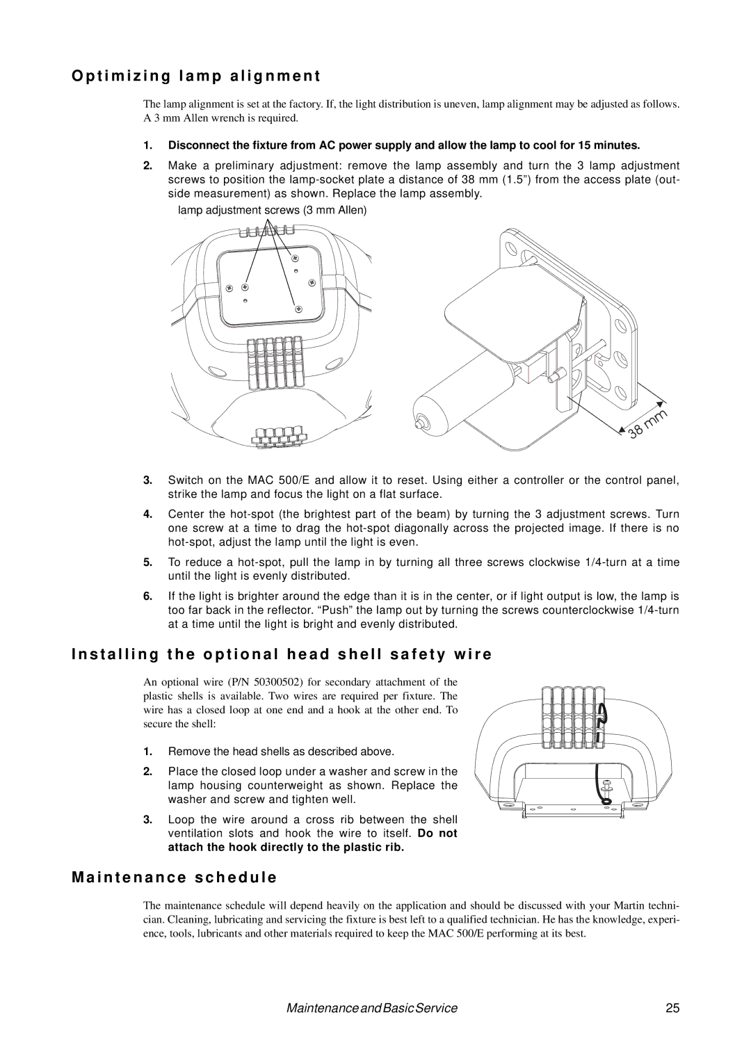 MartinLogan MAC 500/E user manual T i m i z i n g l a m p a l i g n m e n t, I n t e n a n c e s c h e d u l e 