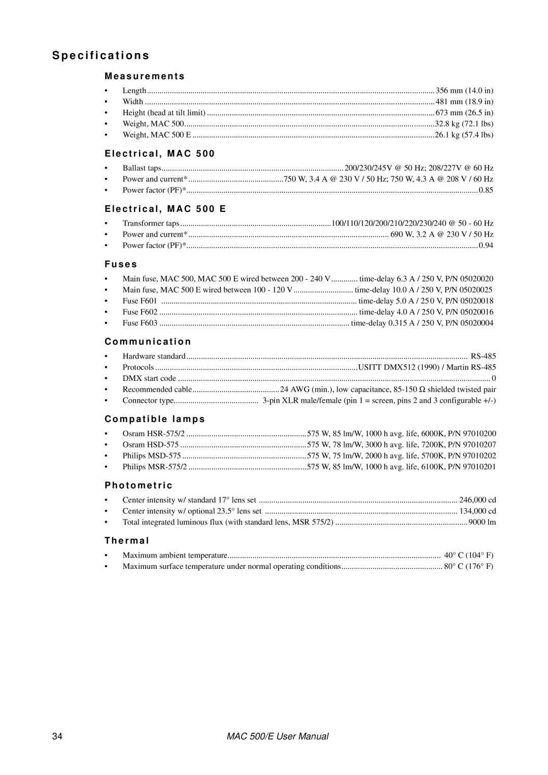 MartinLogan MAC 500/E user manual Specification s 