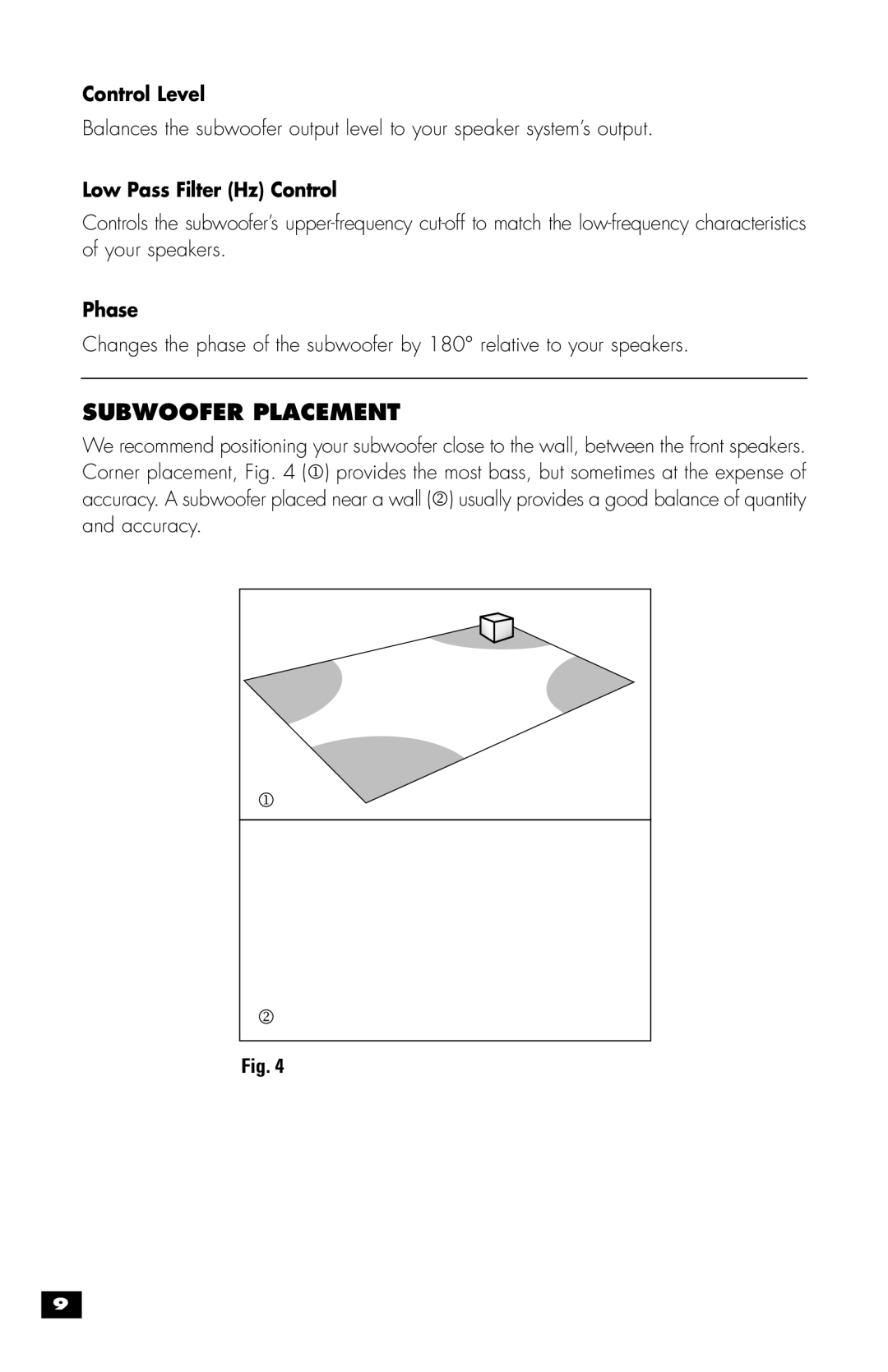 MartinLogan MLT-1 user manual Subwoofer Placement, Control Level, Low Pass Filter Hz Control, Phase 