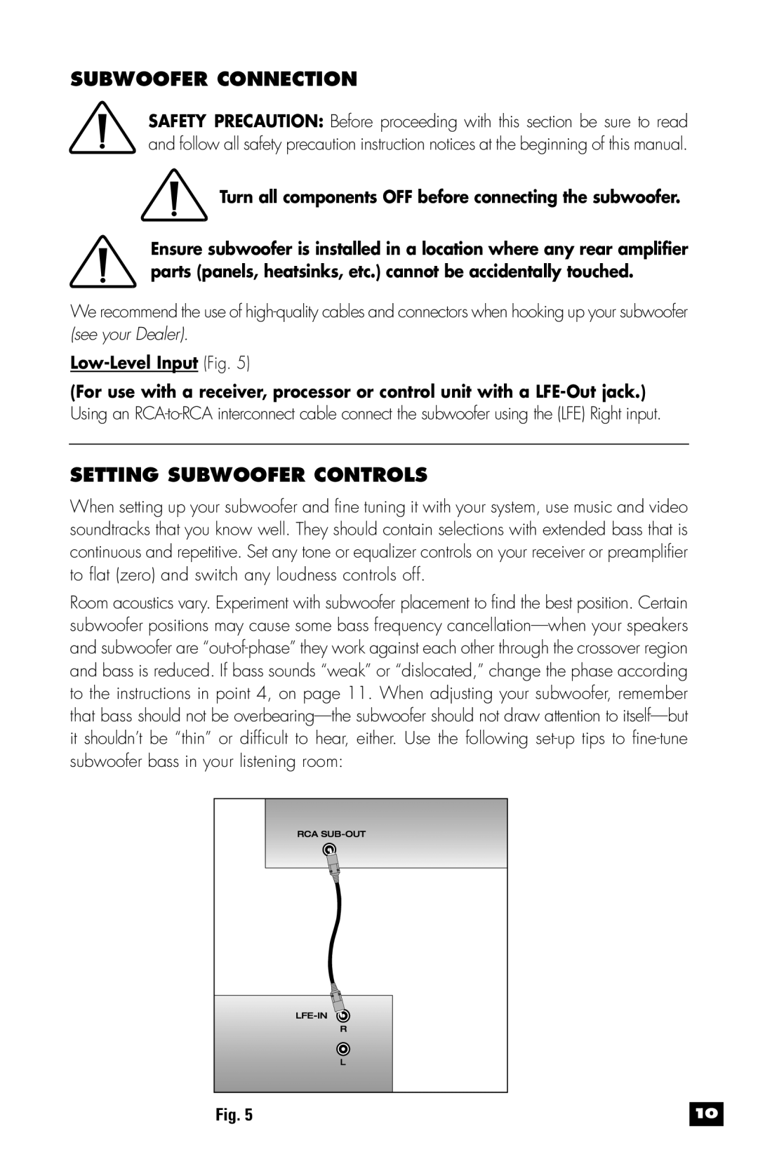 MartinLogan MLT-1 user manual Subwoofer Connection, Setting Subwoofer Controls, Low-Level Input Fig 