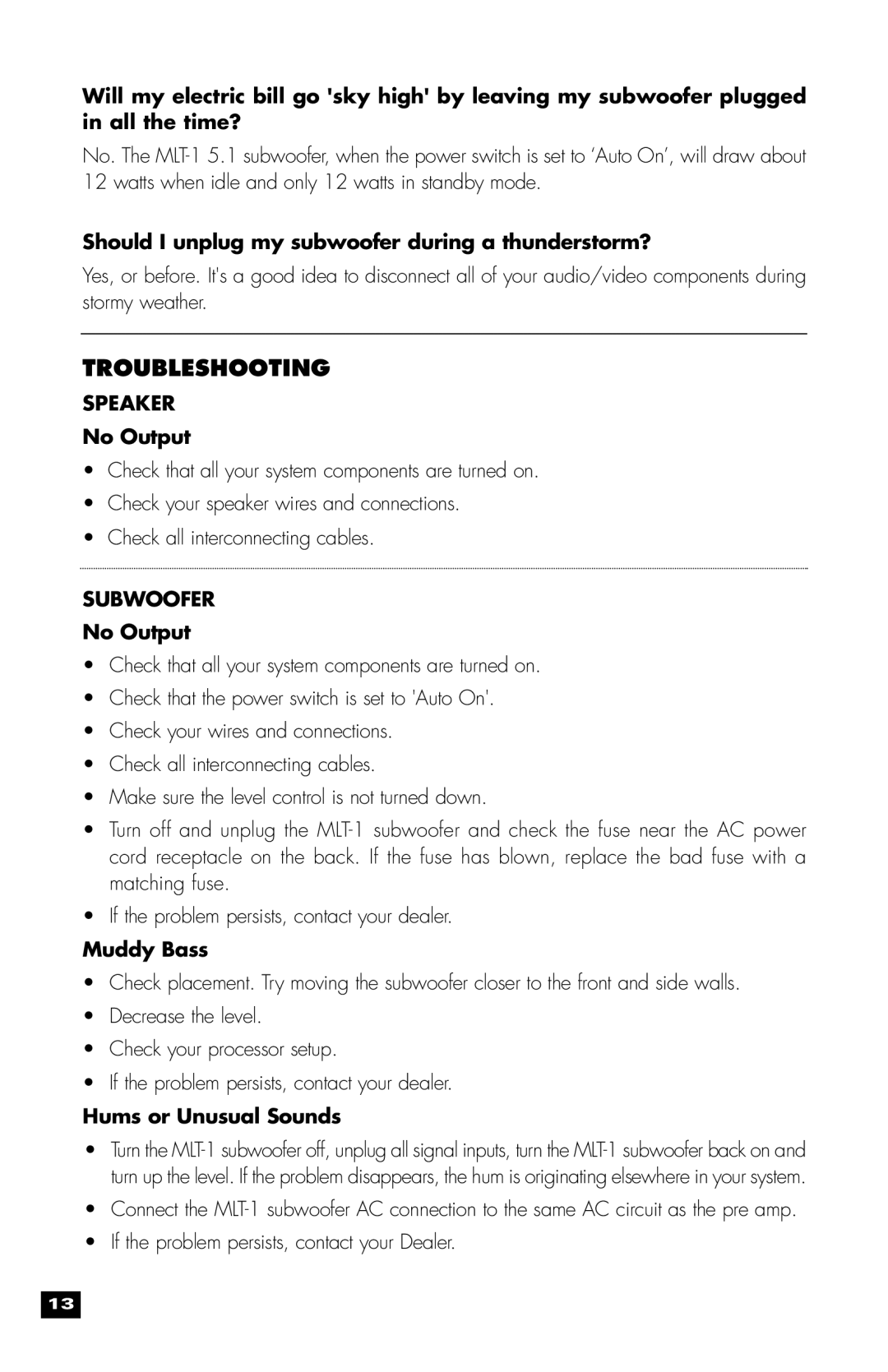 MartinLogan MLT-1 user manual Troubleshooting, Speaker, Subwoofer 