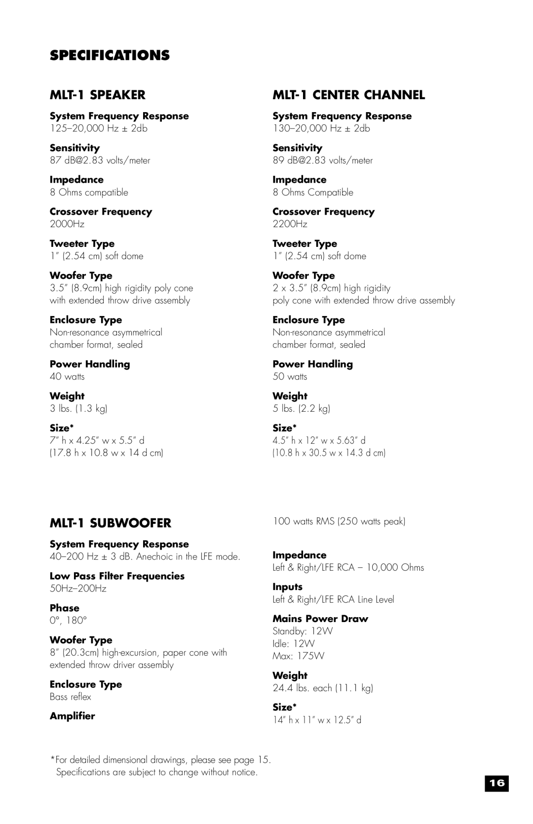 MartinLogan user manual Specifications, MLT-1 Speaker, MLT-1 Subwoofer, MLT-1 Center Channel 