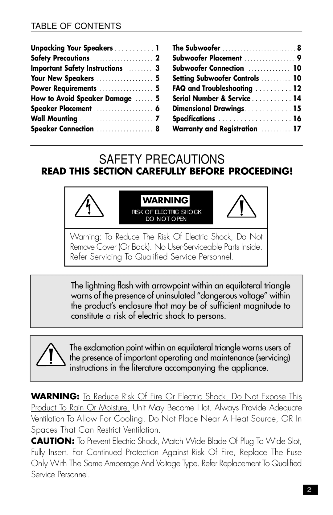 MartinLogan MLT-1 user manual Safety Precautions, Table of Contents 