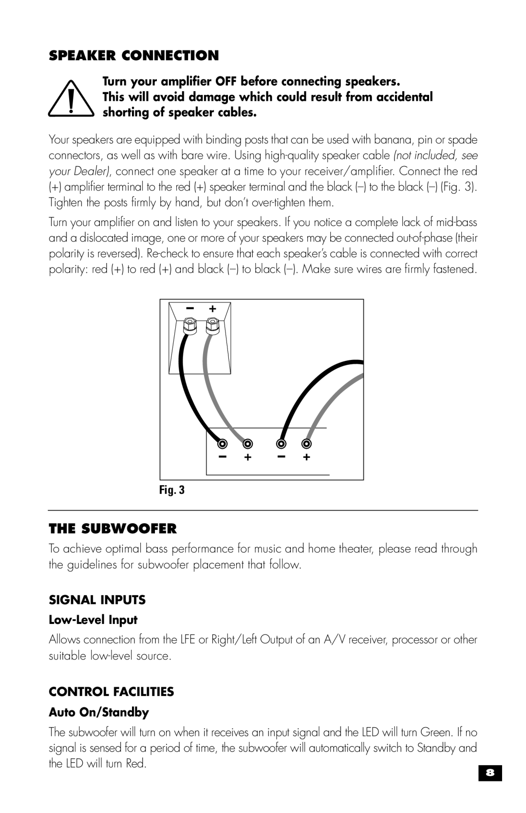 MartinLogan MLT-1 user manual Speaker Connection, Subwoofer, Signal Inputs, Control Facilities 