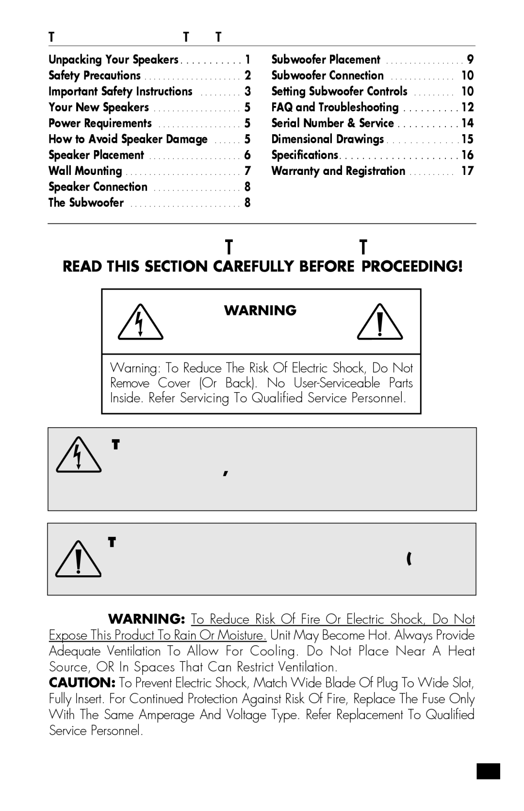 MartinLogan MLT-2 user manual Safety Precautions, Table of Contents 