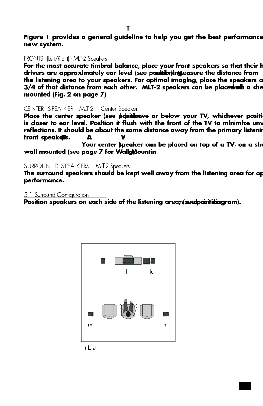 MartinLogan user manual Speaker Placement, Fronts Left/Right MLT-2 Speakers, Center Speaker MLT-2 Center Speaker 