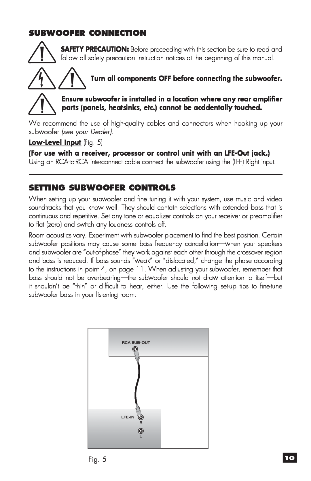 MartinLogan MLT-2 user manual Subwoofer Connection, Setting Subwoofer Controls, Low-LevelInputFig 