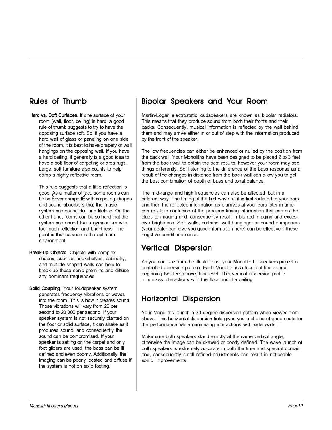 MartinLogan Monolith III Rules of Thumb, Bipolar Speakers and Your Room, Vertical Dispersion, Horizontal Dispersion 