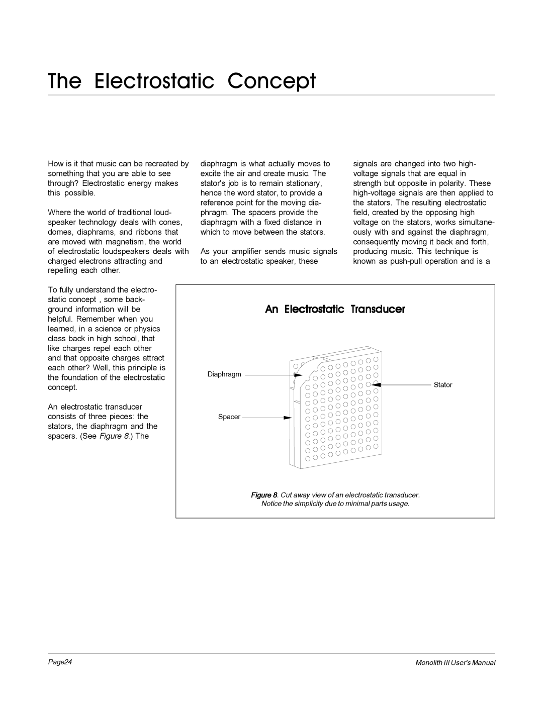 MartinLogan Monolith III user manual Electrostatic Concept, An Electrostatic Transducer 