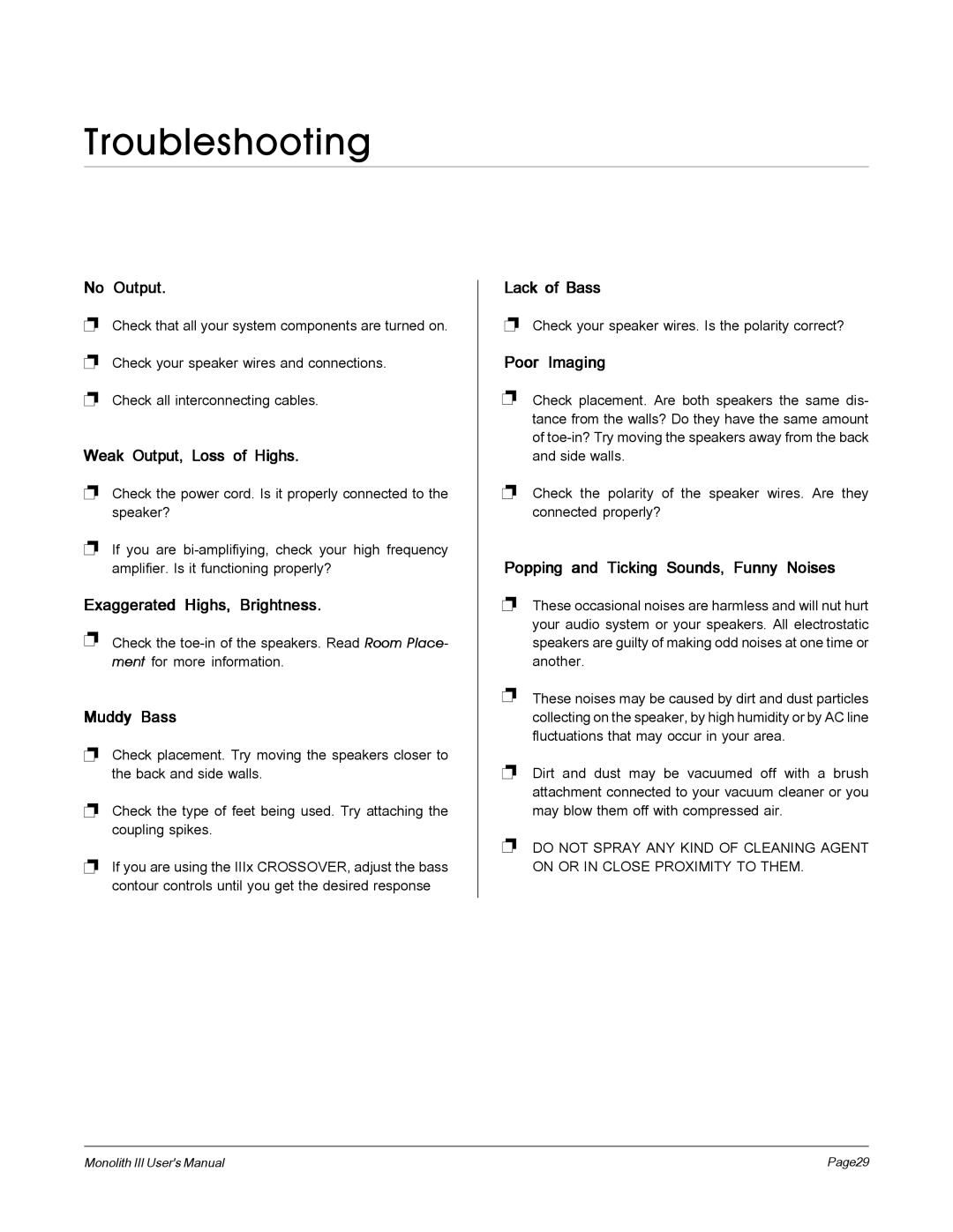 MartinLogan Monolith III user manual Troubleshooting, No Output 