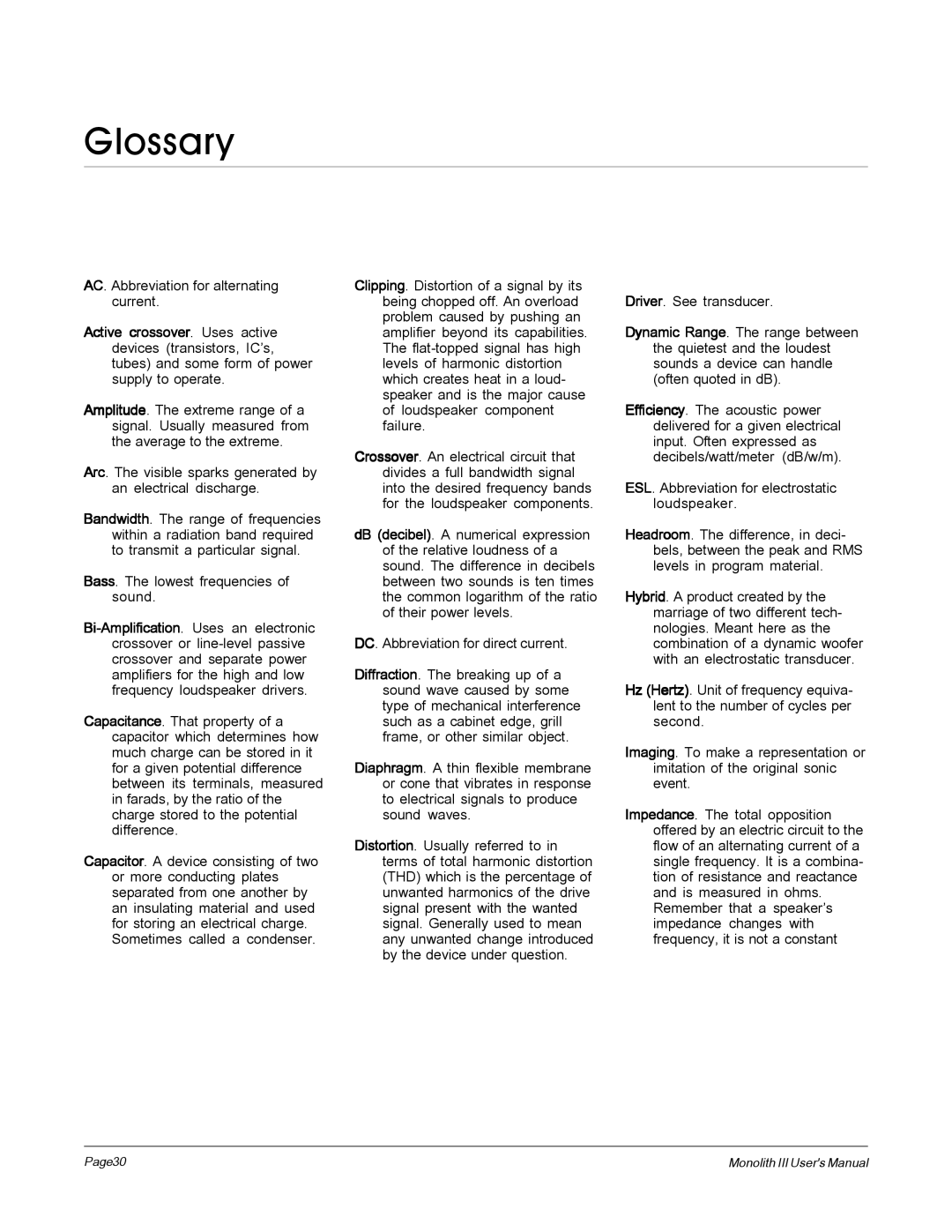 MartinLogan Monolith III user manual Glossary 