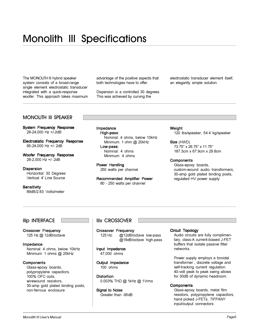 MartinLogan user manual Monolith III Specifications, Monolith III Speaker 