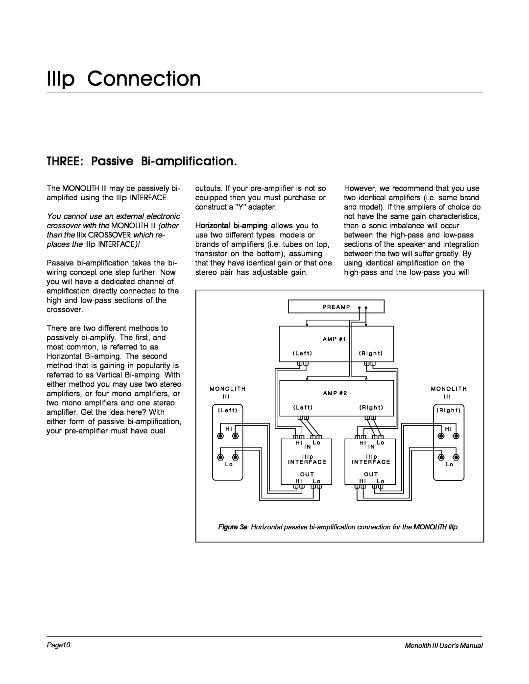 MartinLogan Monolith III user manual THREE Passive Bi-amplification, IIIp Connection, Page10 