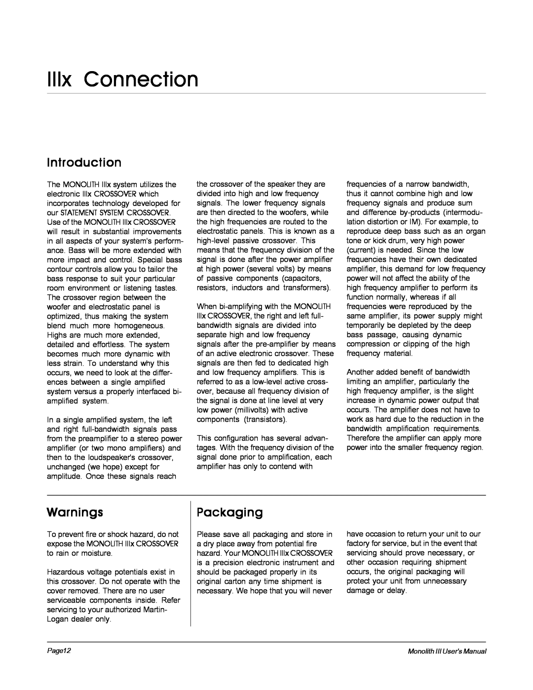 MartinLogan Monolith III user manual IIIx Connection, Introduction, Warnings, Packaging 