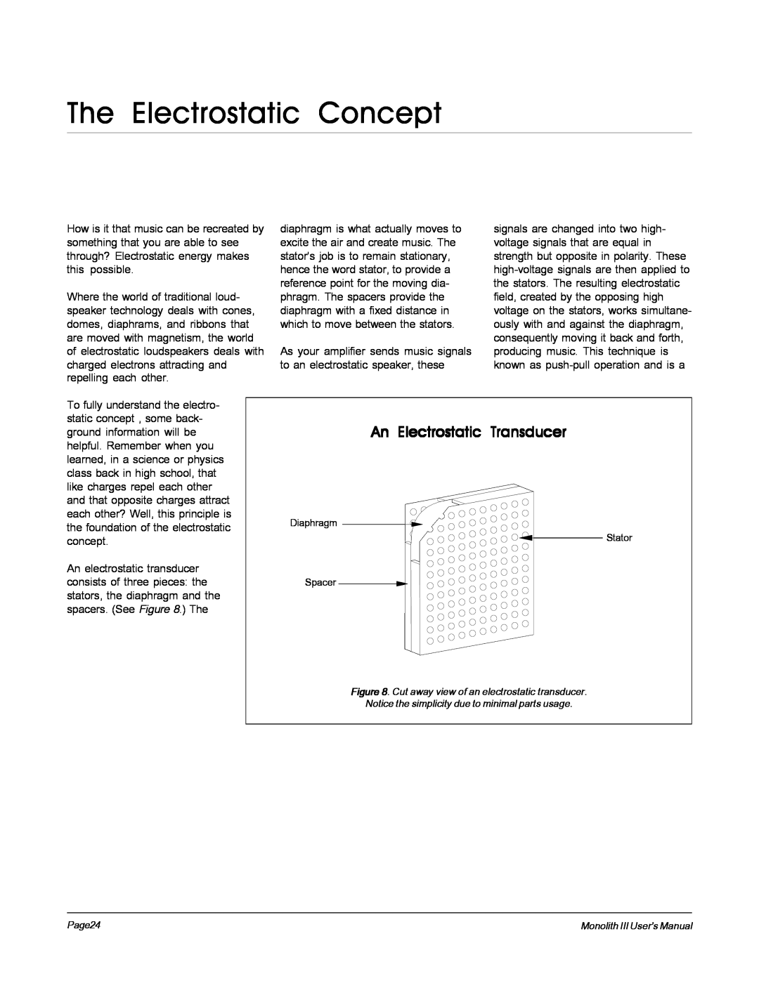 MartinLogan Monolith III user manual The Electrostatic Concept, An Electrostatic Transducer 