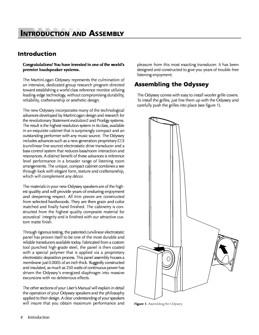 MartinLogan user manual Introduction And Assembly, Assembling the Odyssey, 4Introduction 