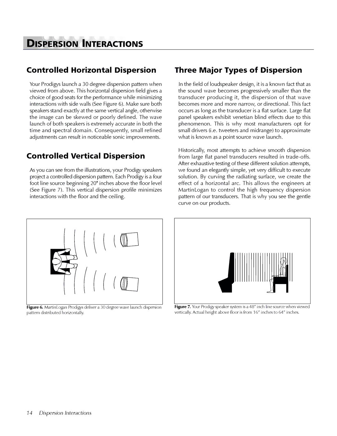 MartinLogan Prodigy user manual Dispersion Interactions, Controlled Horizontal Dispersion, Controlled Vertical Dispersion 