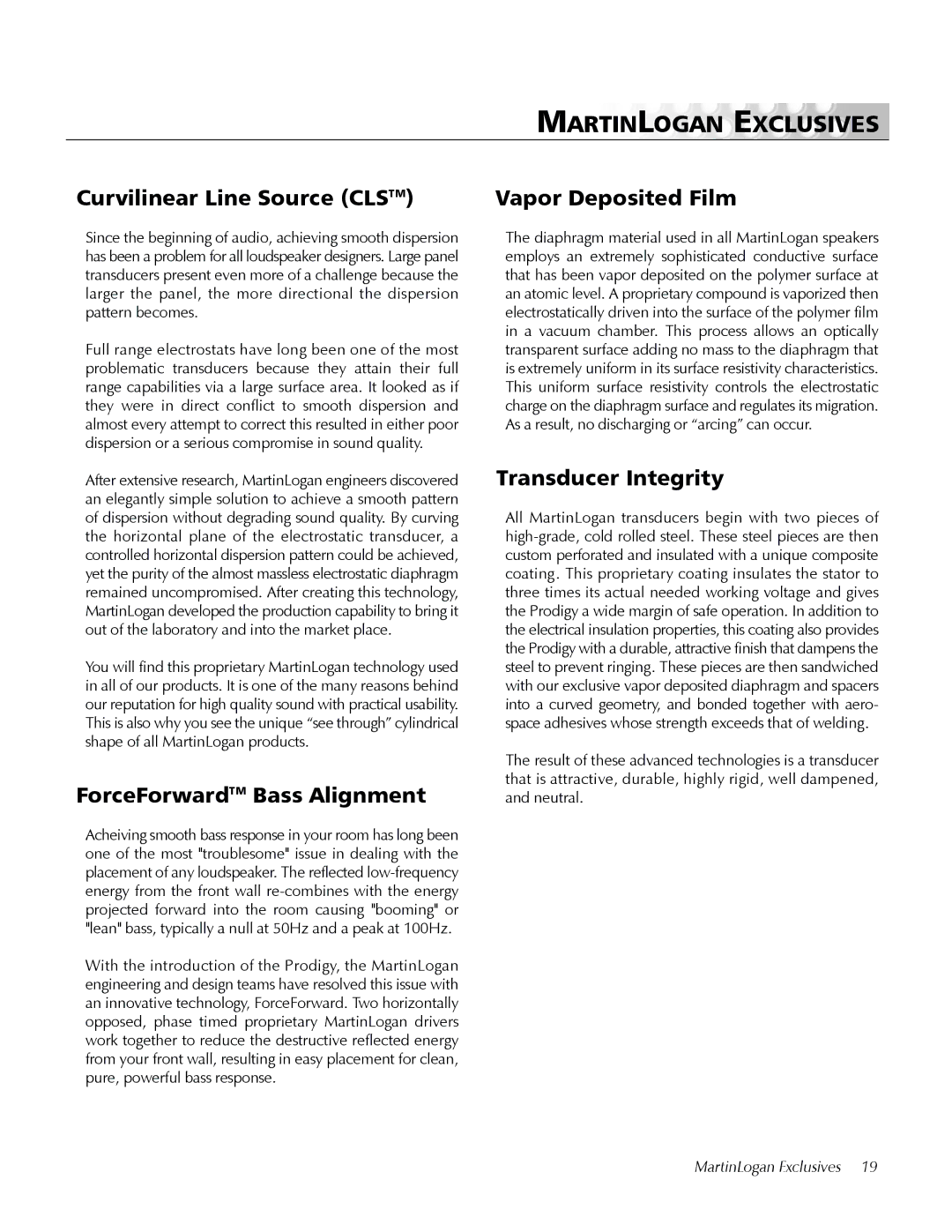 MartinLogan Prodigy user manual Martinlogan Exclusives, Curvilinear Line Source Clstm, ForceForwardTM Bass Alignment 