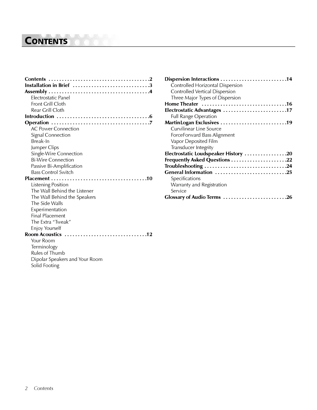 MartinLogan Prodigy user manual Contents 