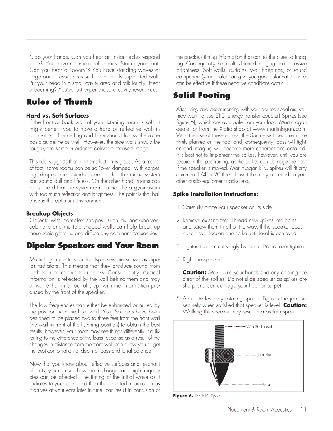 MartinLogan Source Speakers user manual Rules of Thumb, Dipolar Speakers and Your Room, Solid Footing 