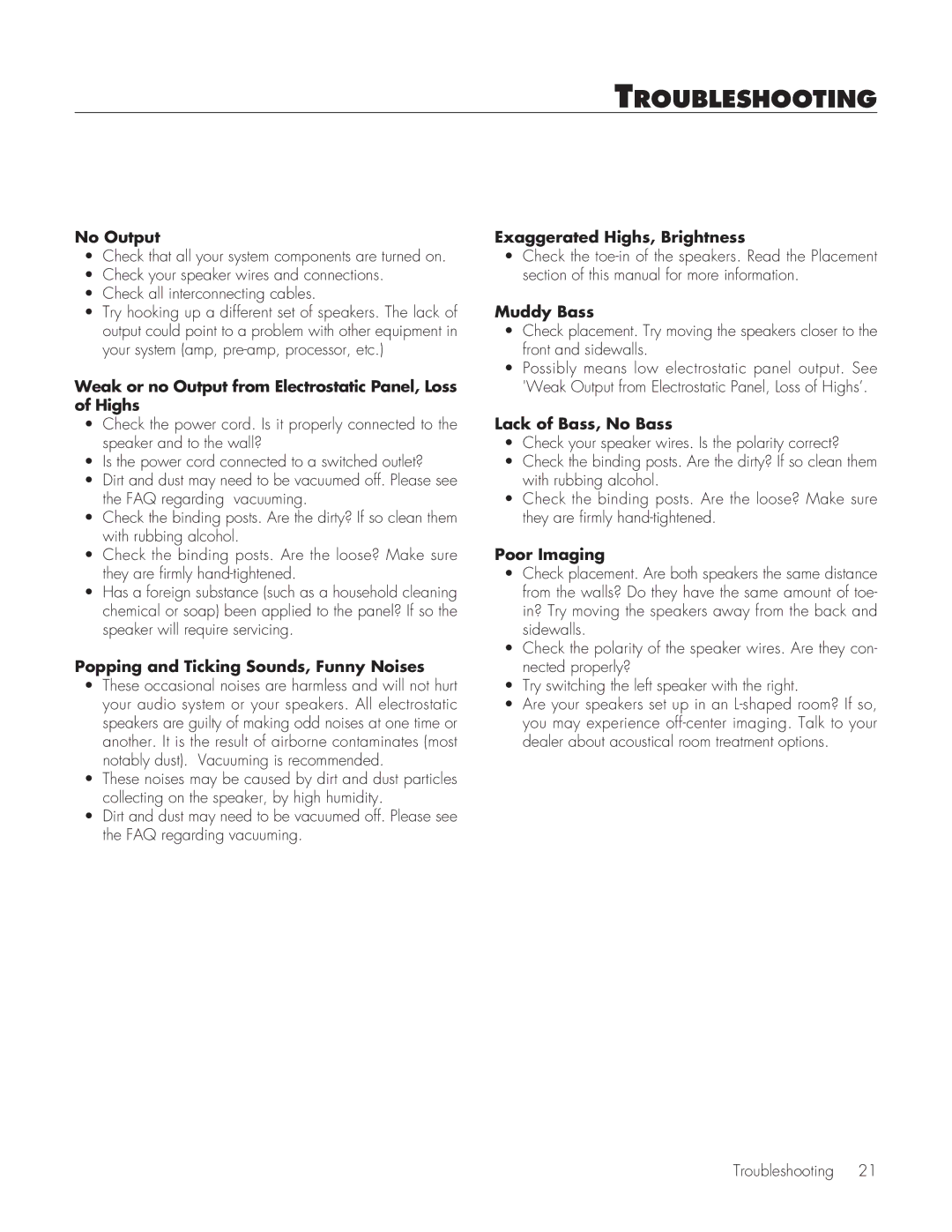 MartinLogan Source Speakers user manual Troubleshooting 