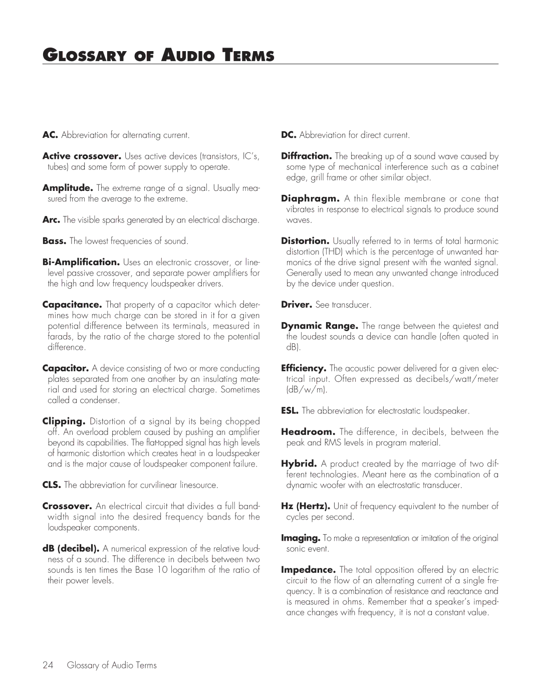 MartinLogan Source Speakers user manual Glossary of Audio Terms 