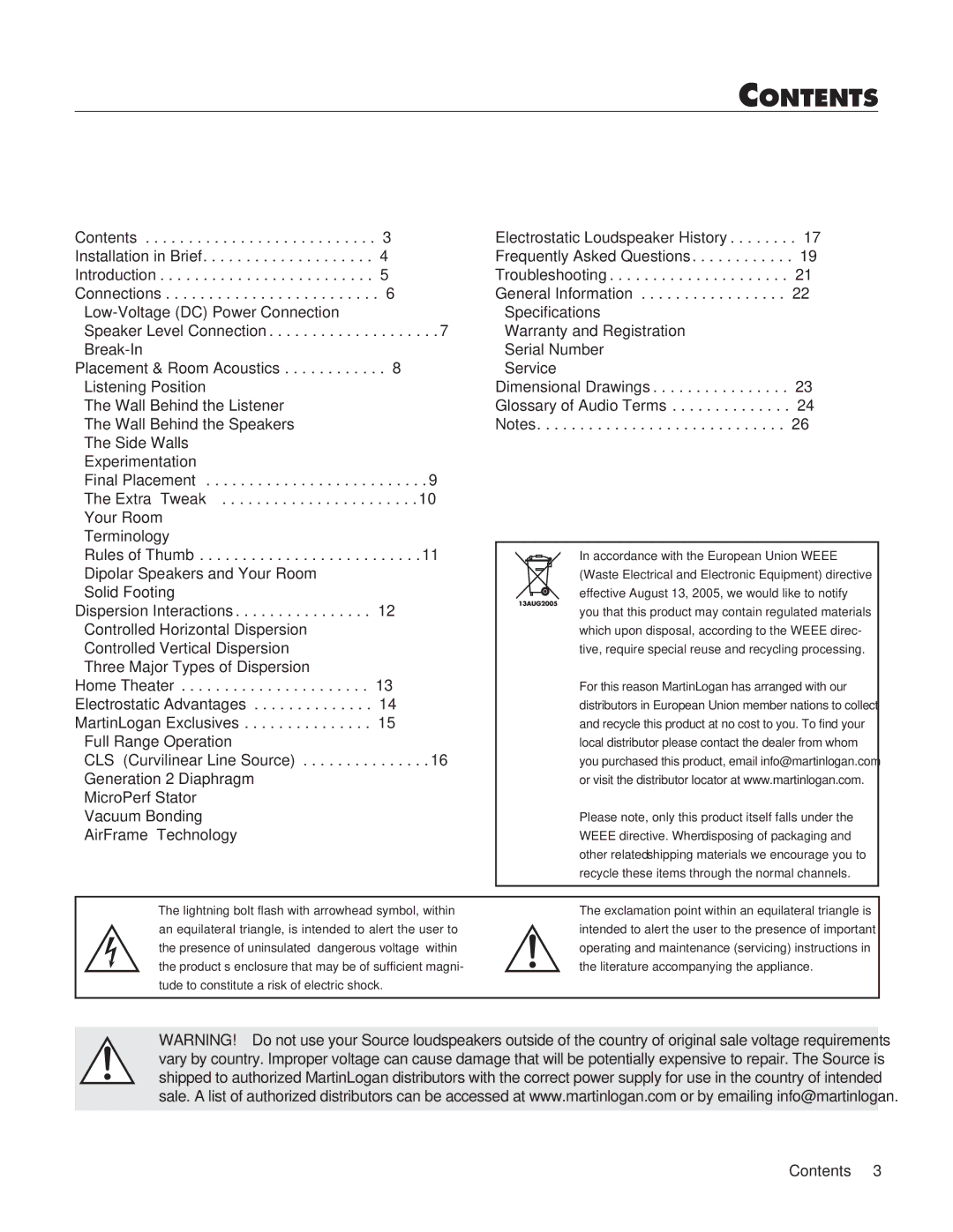 MartinLogan Source Speakers user manual Contents 