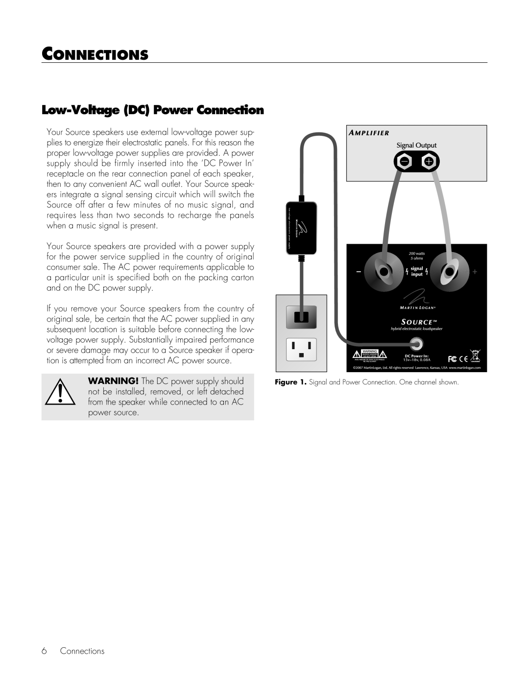 MartinLogan Source Speakers user manual Connections, Low-VoltageDC Power Connection 