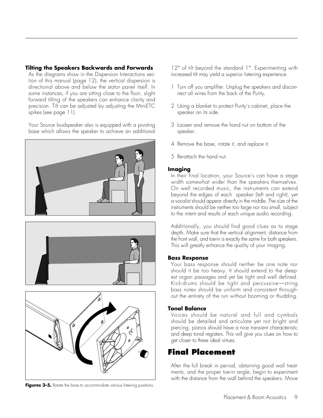 MartinLogan Source Speakers user manual Final Placement, Imaging, Bass Response, Tonal Balance 