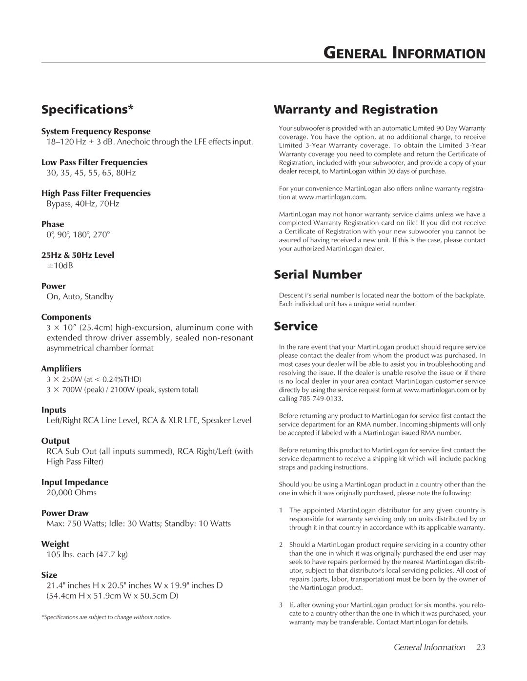 MartinLogan Speaker user manual General Information, Specifications, Warranty and Registration, Serial Number, Service 