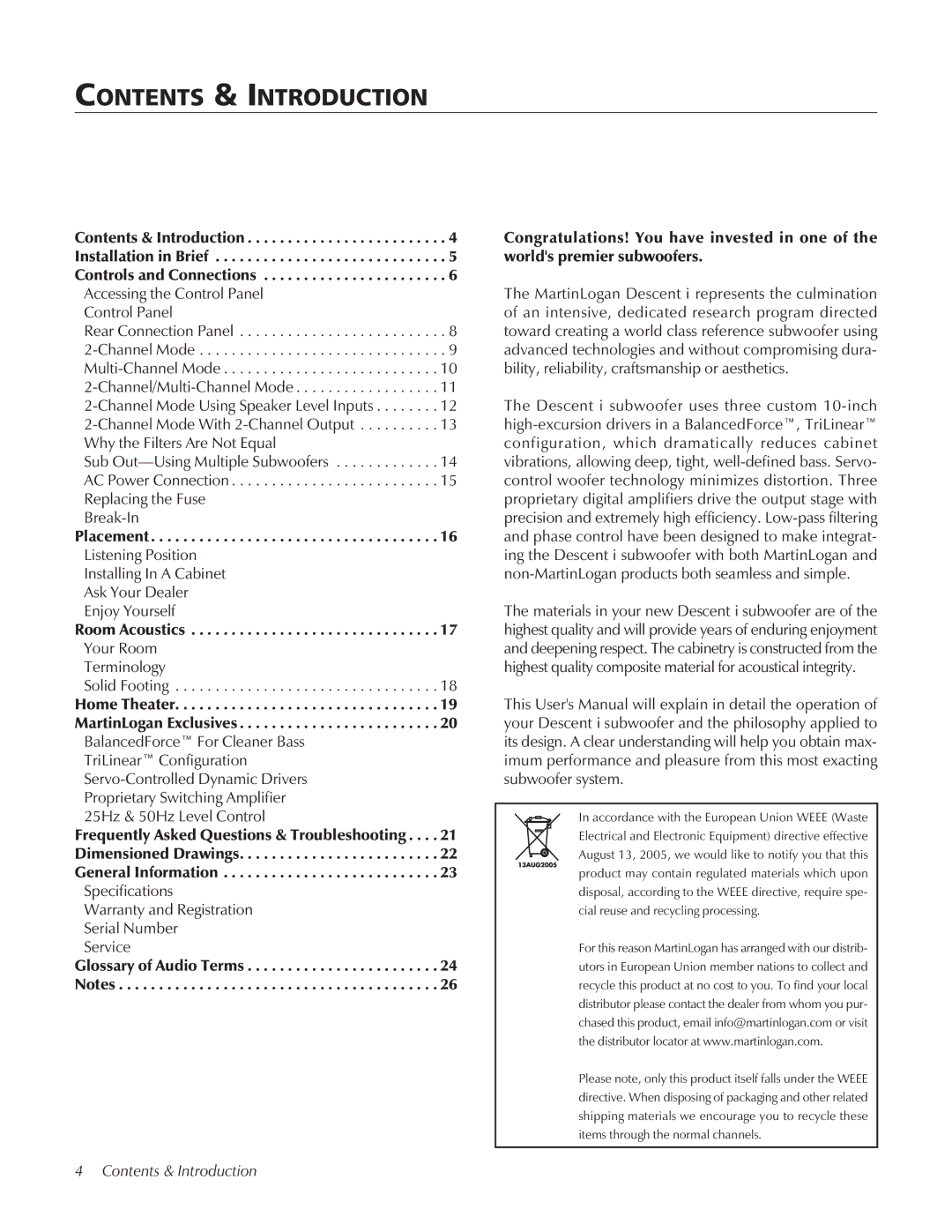 MartinLogan Speaker user manual Contents & Introduction 