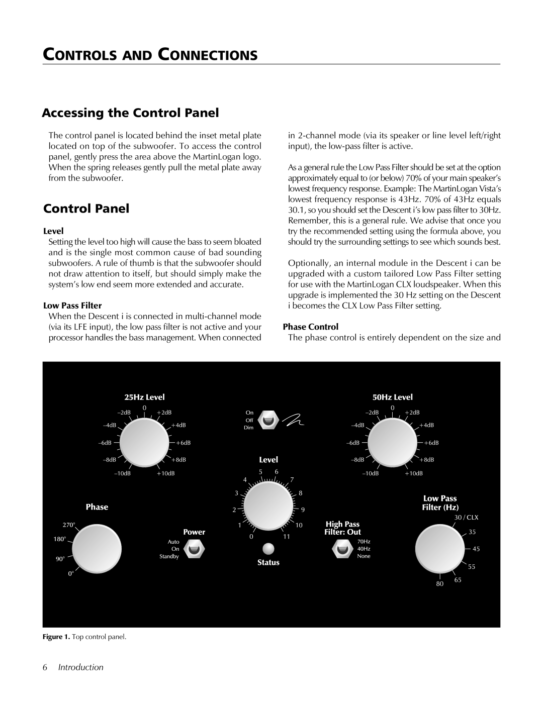 MartinLogan Speaker user manual Controls and Connections, Accessing the Control Panel 