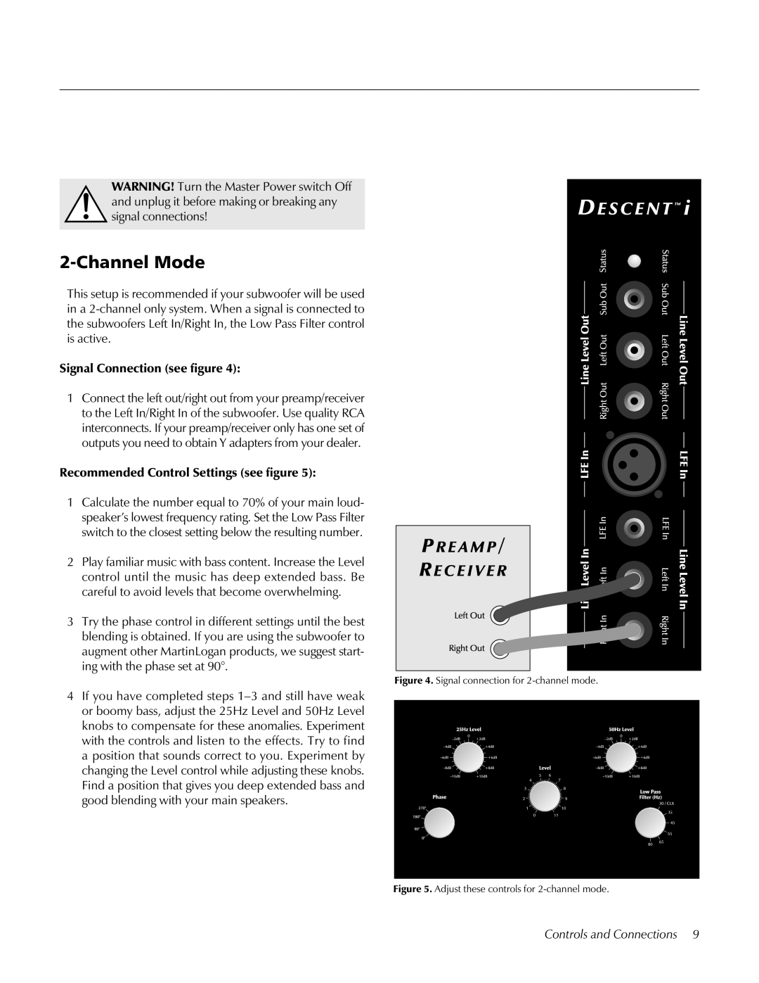 MartinLogan Speaker user manual Channel Mode, Signal connection for 2-channel mode 