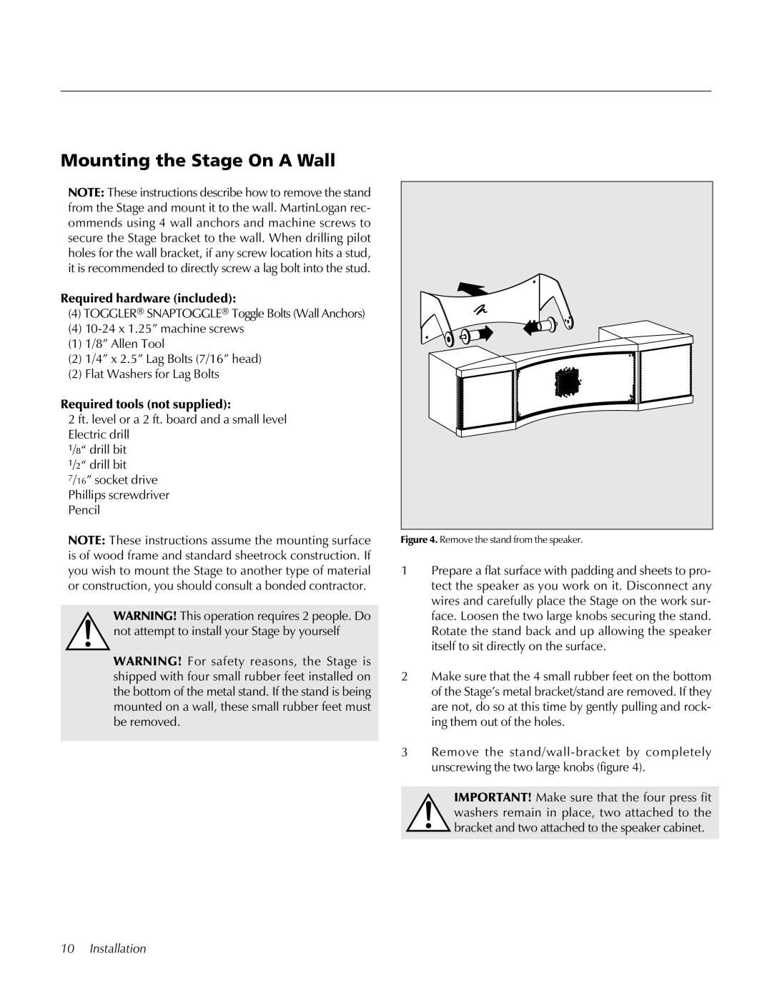 MartinLogan STAGECenter Channel Speaker user manual Mounting the Stage On a Wall, Remove the stand from the speaker 