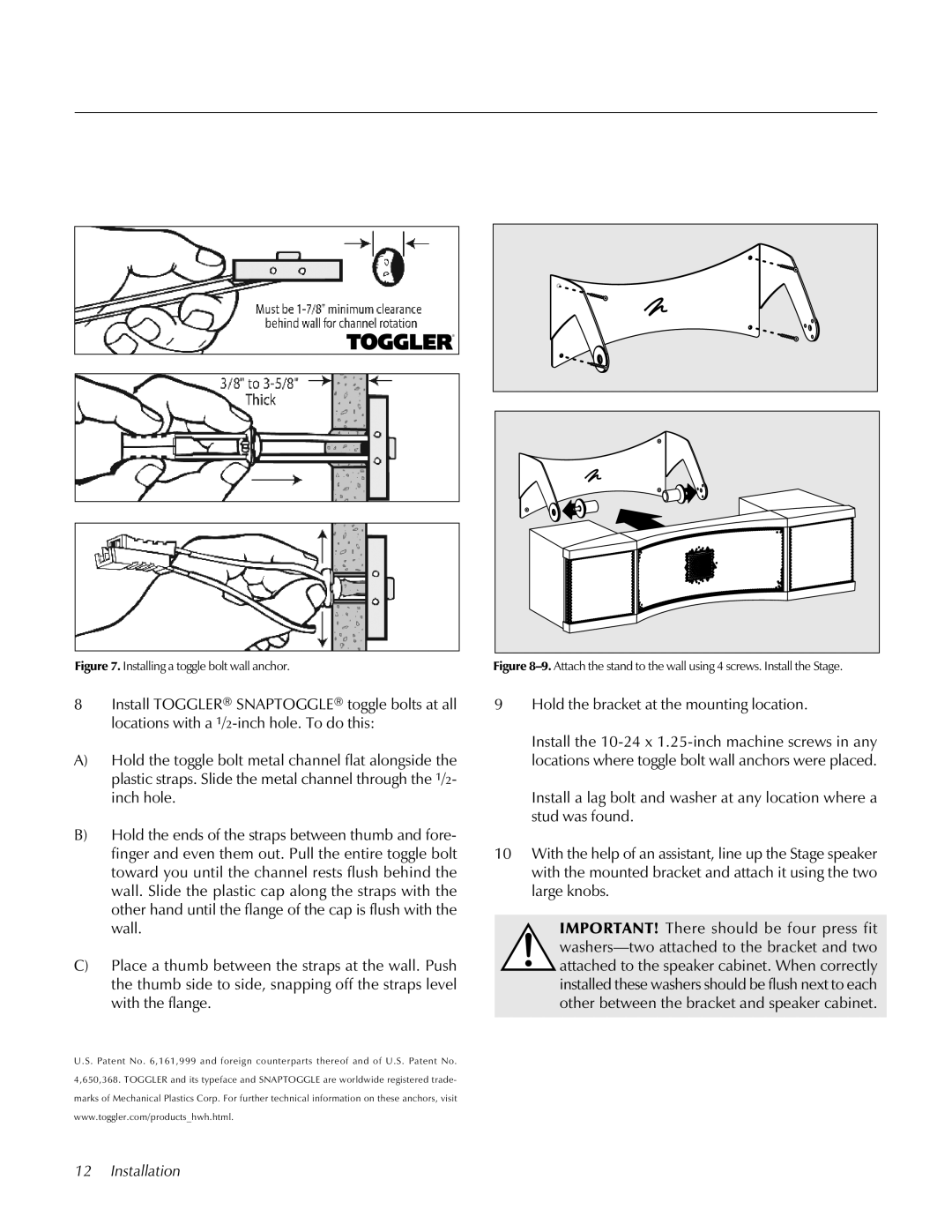 MartinLogan STAGECenter Channel Speaker user manual Installing a toggle bolt wall anchor 