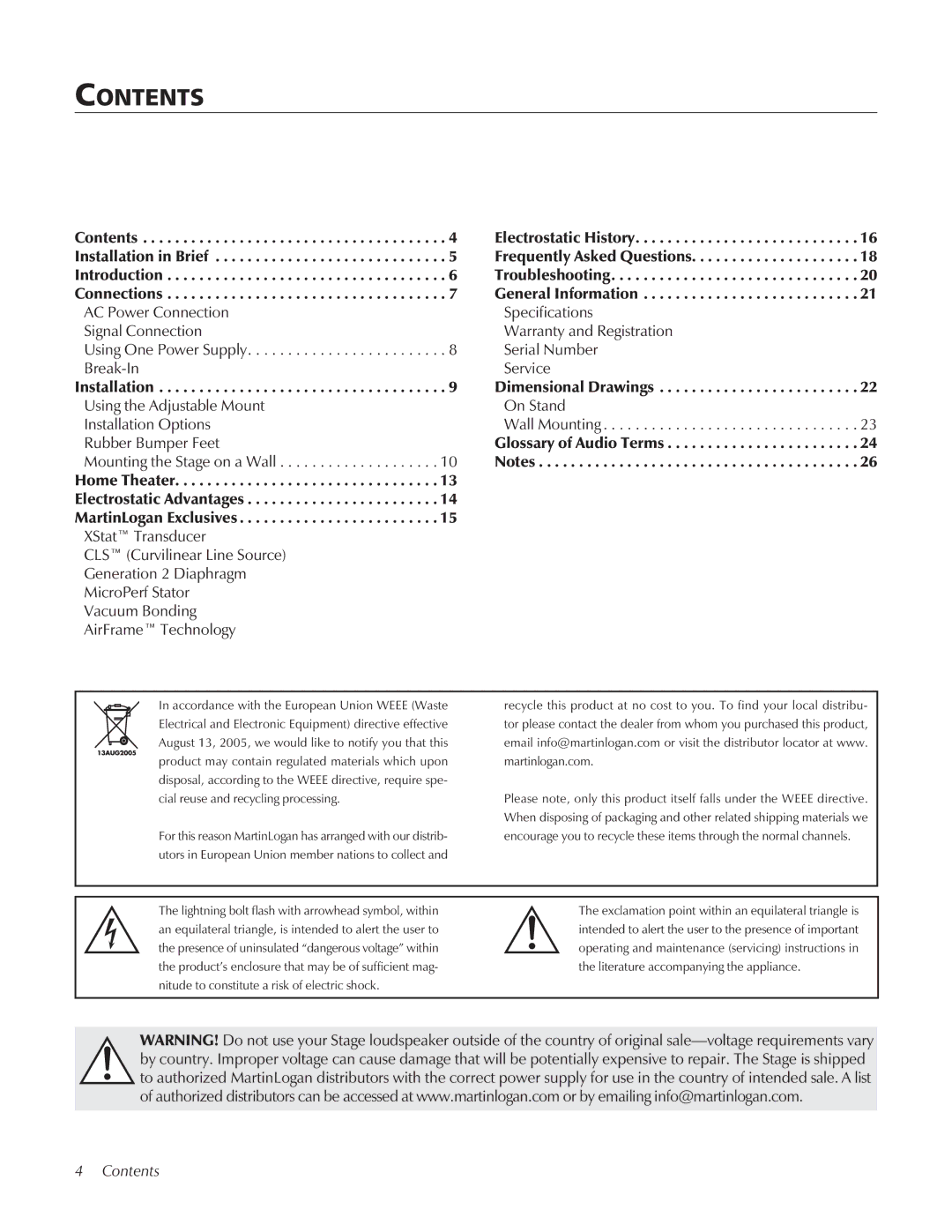 MartinLogan STAGECenter Channel Speaker user manual Contents 