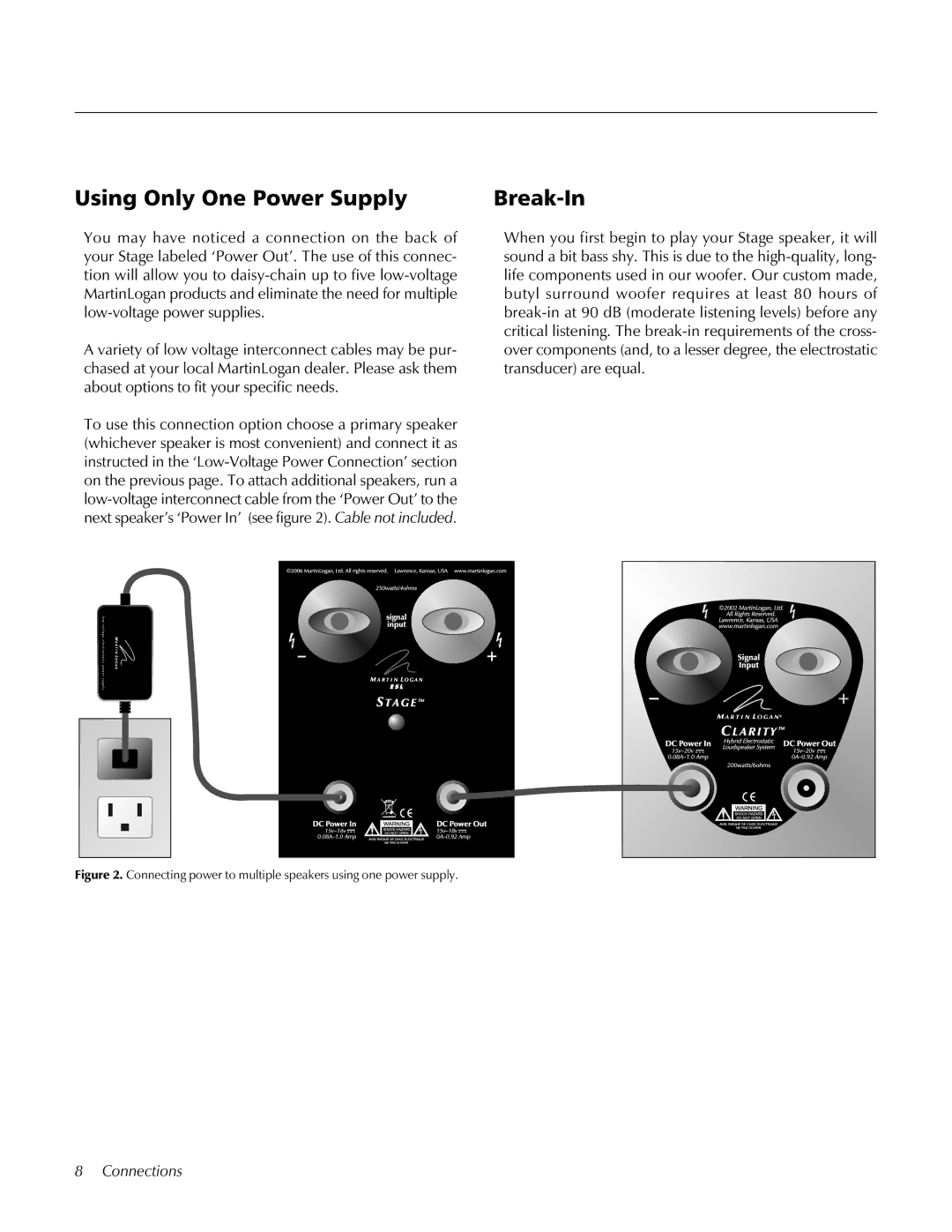 MartinLogan STAGECenter Channel Speaker user manual Using Only One Power Supply Break-In 