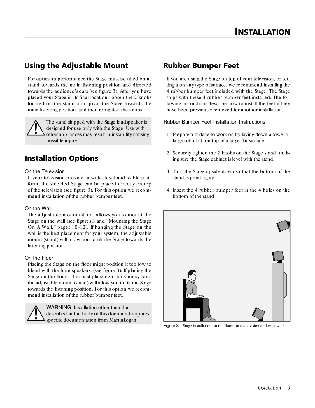 MartinLogan STAGECenter Channel Speaker user manual Using the Adjustable Mount Rubber Bumper Feet, Installation Options 