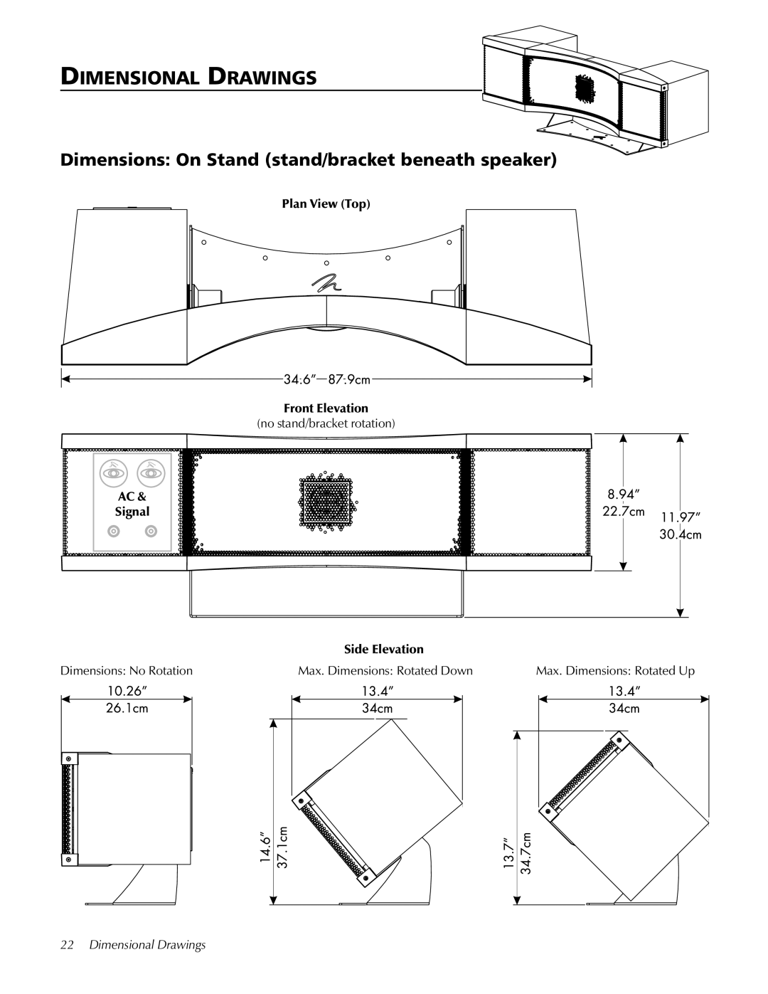 MartinLogan STAGECenter Channel Speaker user manual Dimensional Drawings, Plan View Top Front Elevation, Side Elevation 