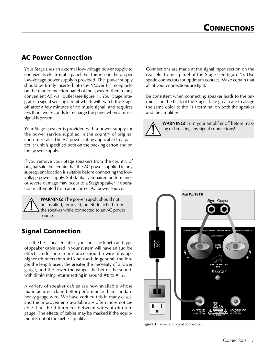 MartinLogan STAGECenter Channel Speaker user manual Connections, AC Power Connection, Signal Connection 
