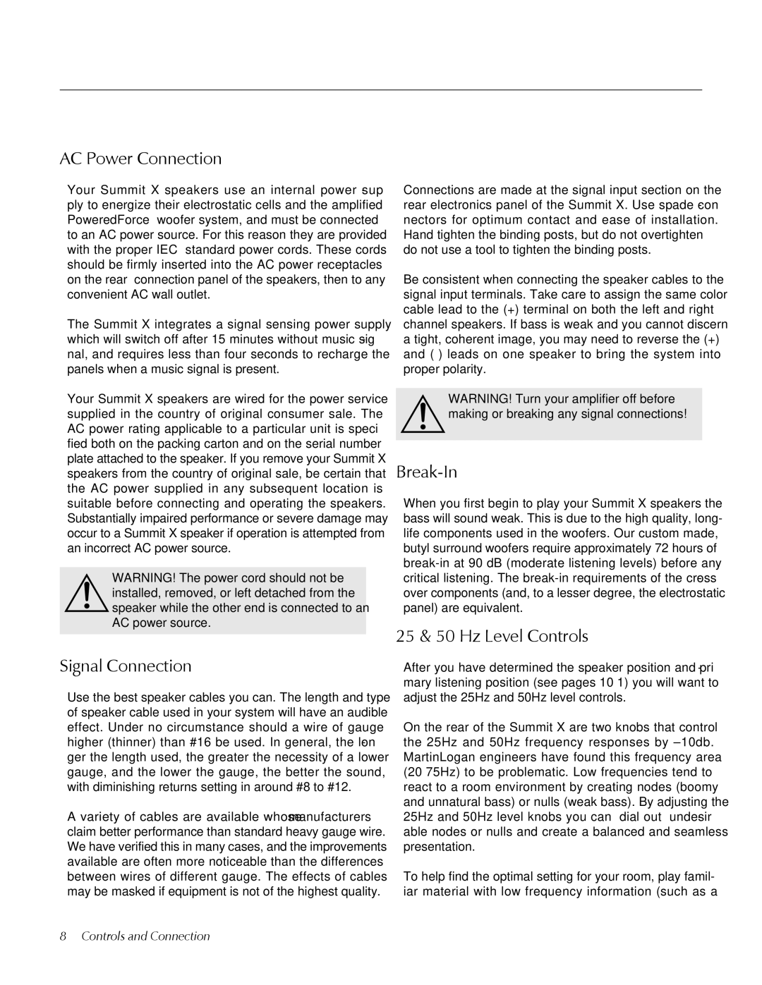 MartinLogan Summit X AC Power Connection, Signal Connection, Break-In, 25 & 50 Hz Level Controls, Controls and Connection 
