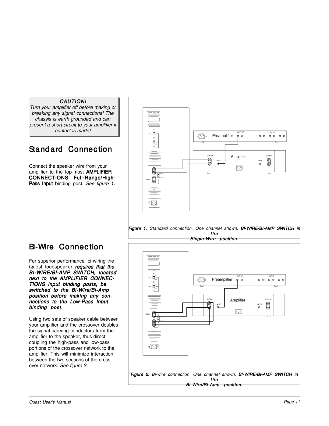 MartinLogan The Quest Speaker System user manual Standard Connection, Bi-Wire Connection 