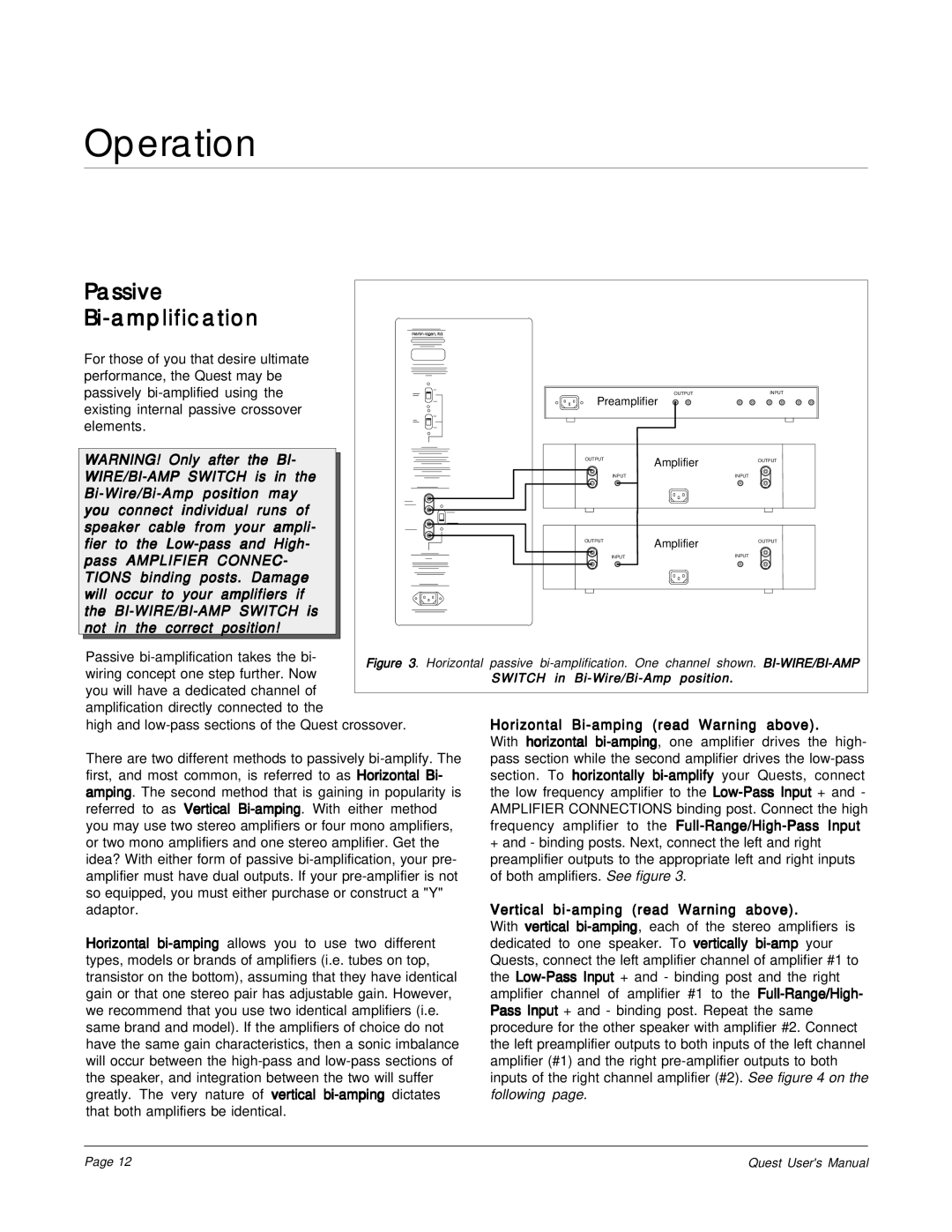 MartinLogan The Quest Speaker System user manual Passive Bi-amplification, Horizontal Bi-amping read Warning above 