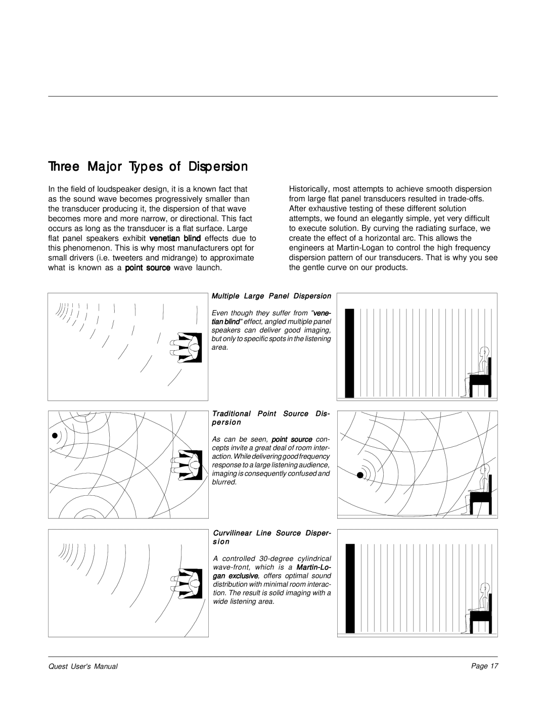 MartinLogan The Quest Speaker System user manual Three Major Types of Dispersion, Multiple Large Panel Dispersion 