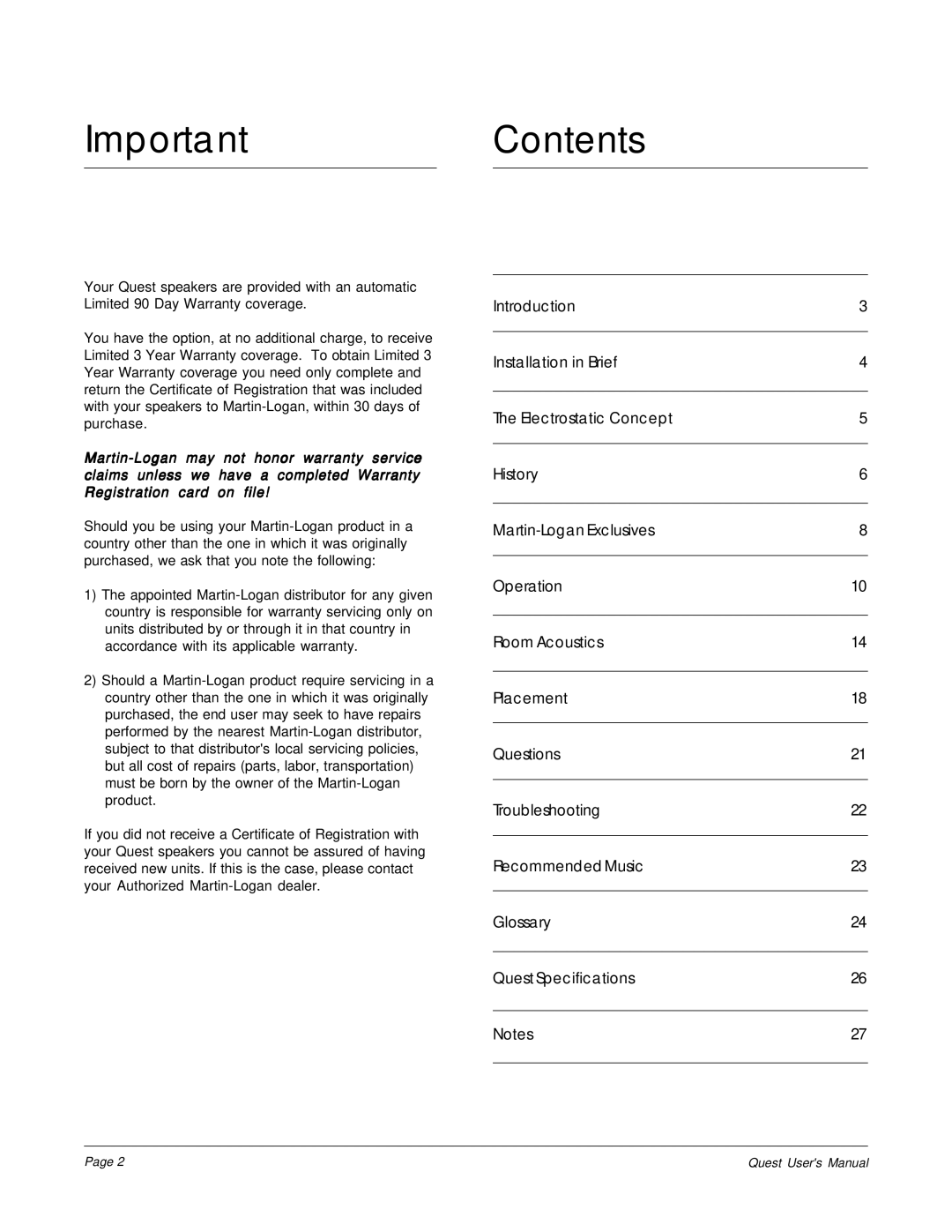 MartinLogan The Quest Speaker System user manual ImportantContents 