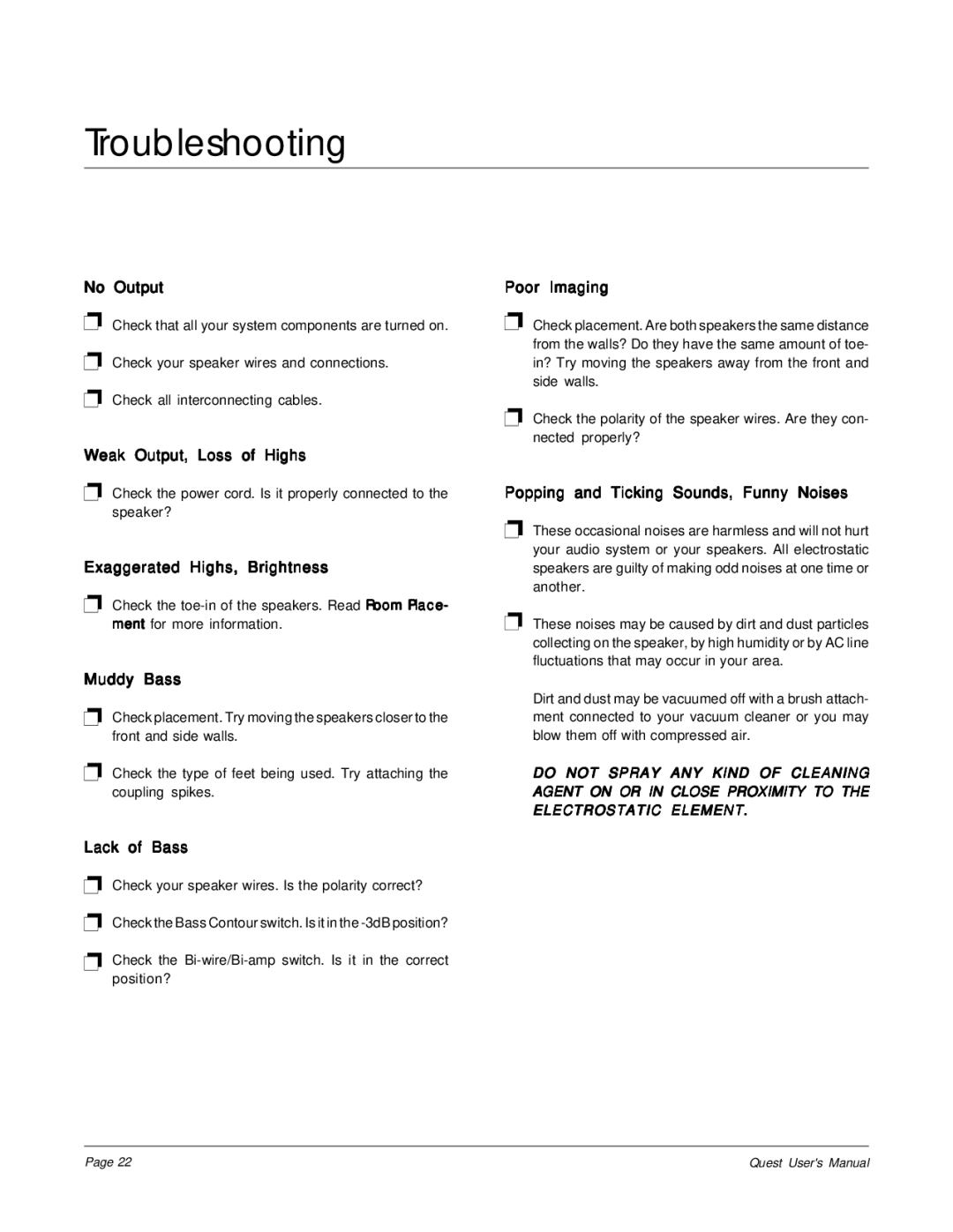 MartinLogan The Quest Speaker System user manual Troubleshooting, No Output 