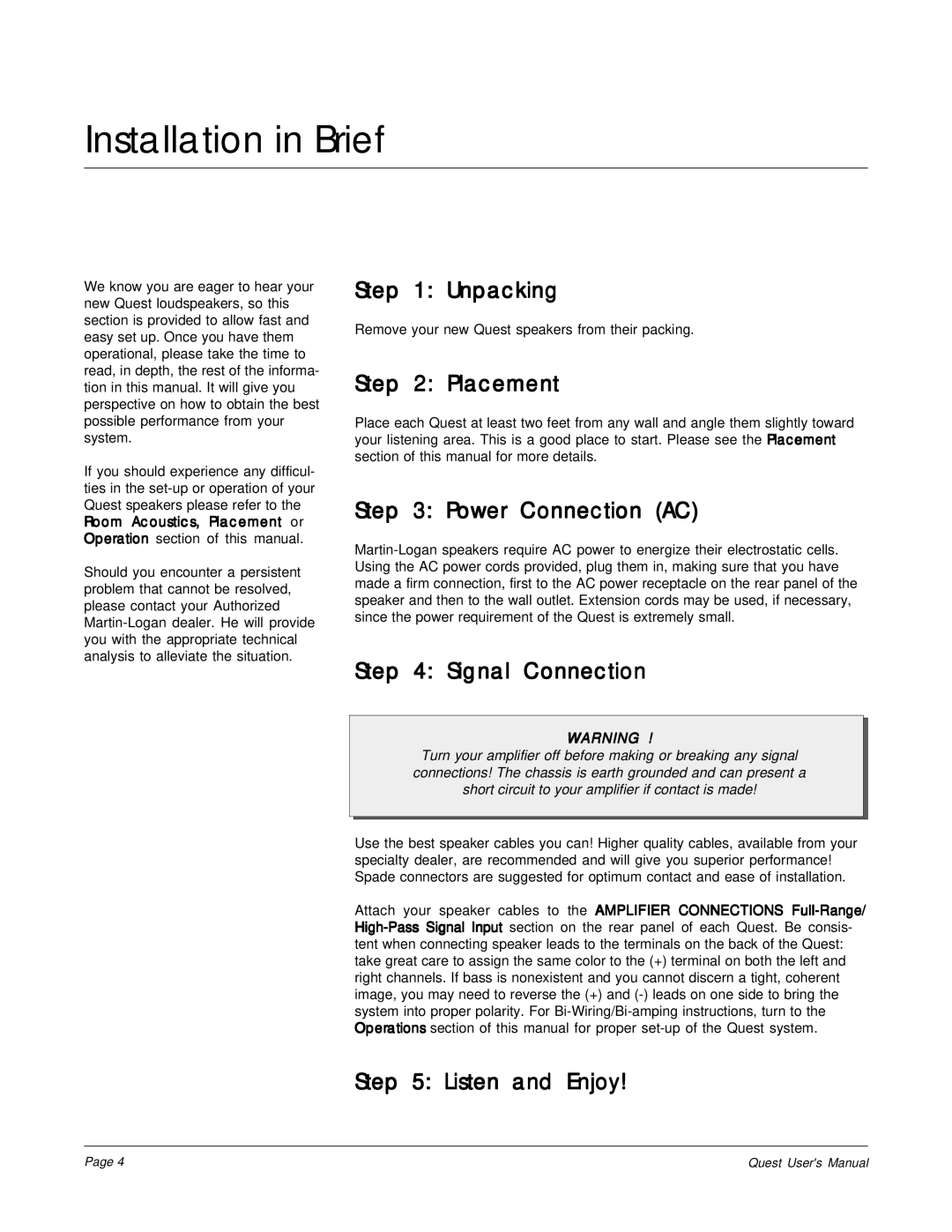 MartinLogan The Quest Speaker System user manual Installation in Brief 