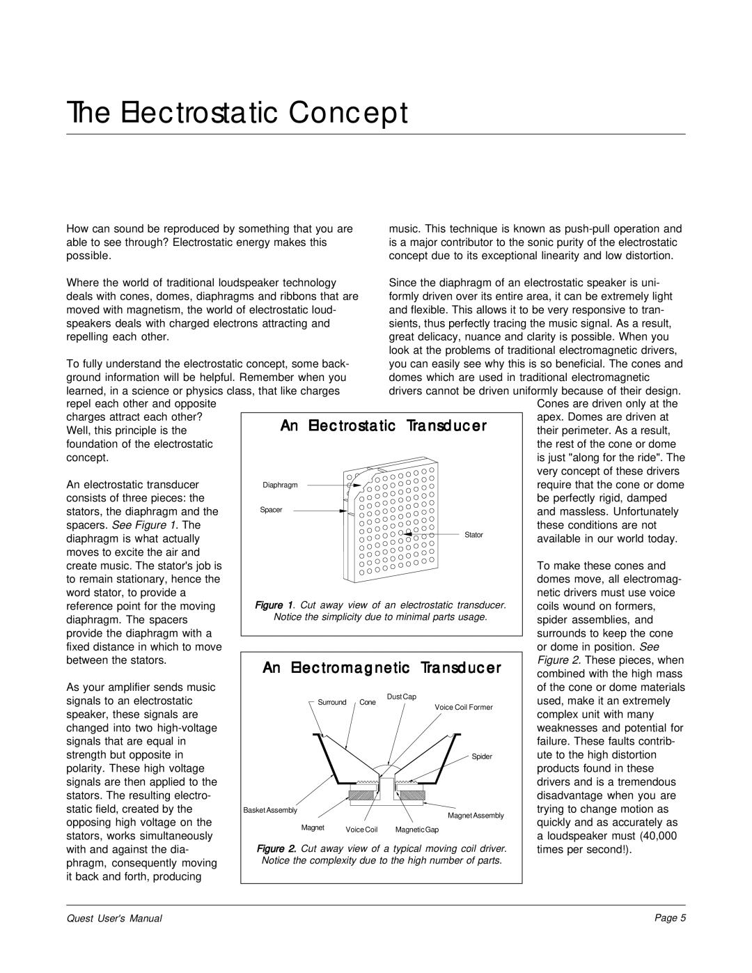 MartinLogan The Quest Speaker System user manual Electrostatic Concept, An Electrostatic Transducer 