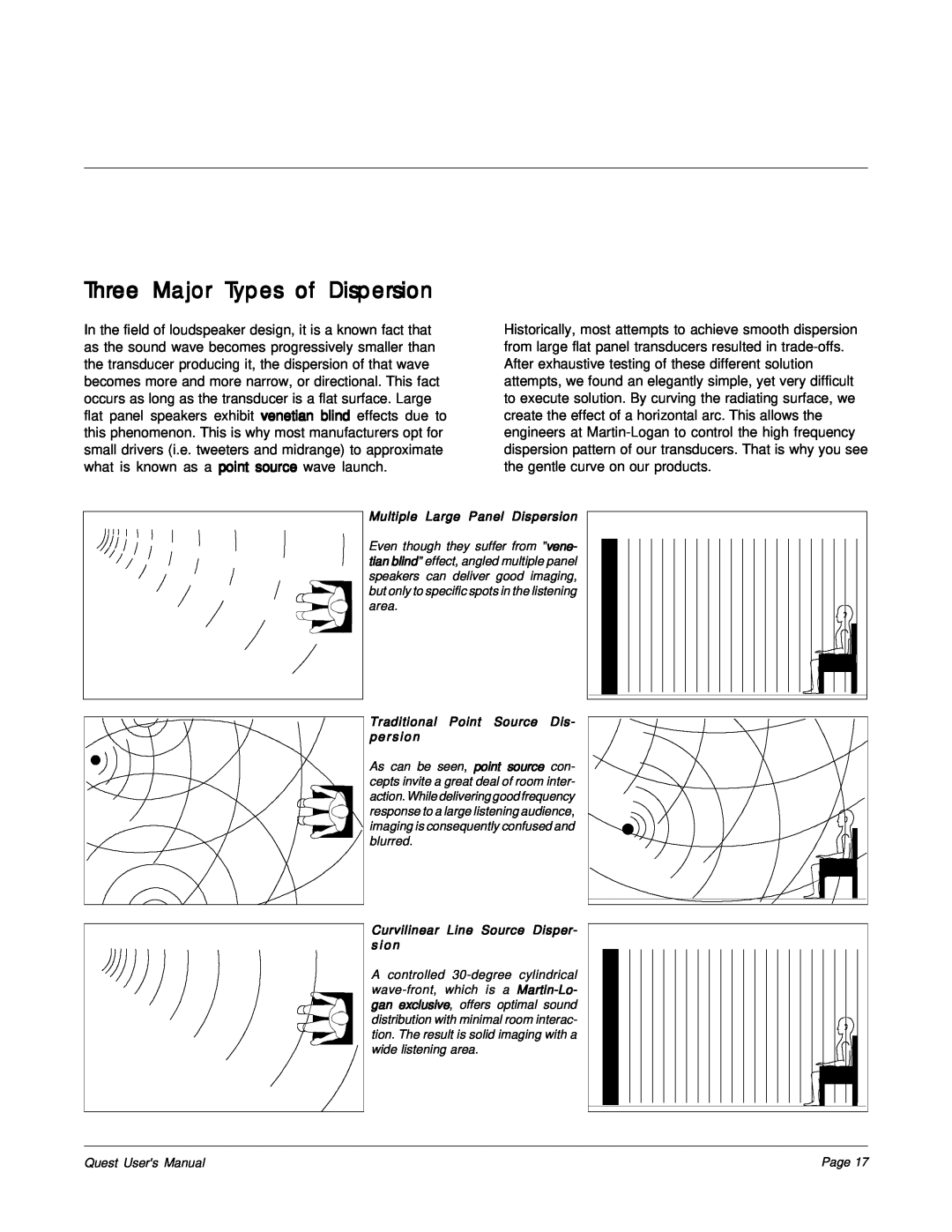 MartinLogan The Quest Speaker System user manual Three Major Types of Dispersion, Multiple Large Panel Dispersion 